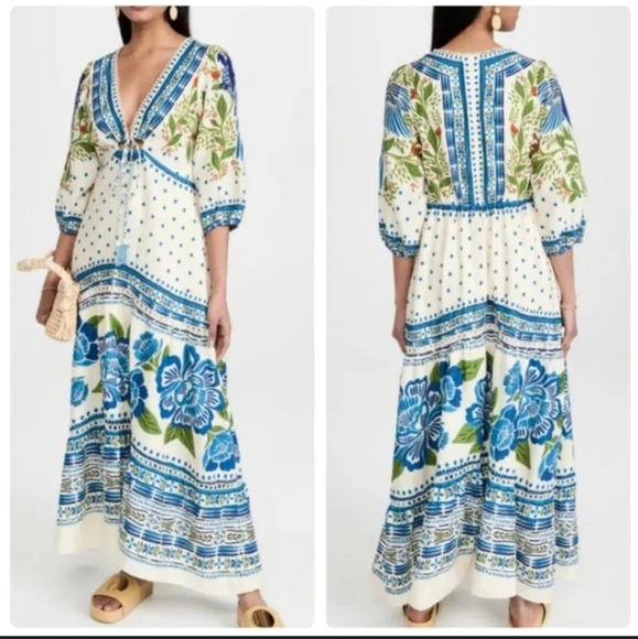 House Of Harlow Cream Blue And White Linen And Cotton Maxi Dress Size Small - Picture 1 of 11